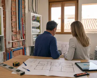 Técnico y cliente revisando los detalles de un proyecto