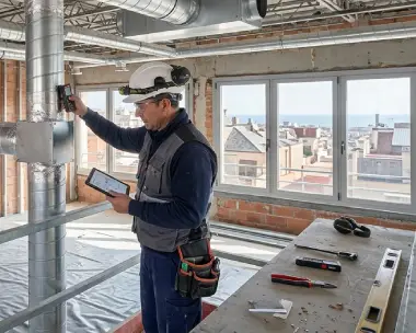 Técnico instalando conductos de climatización en un edificio