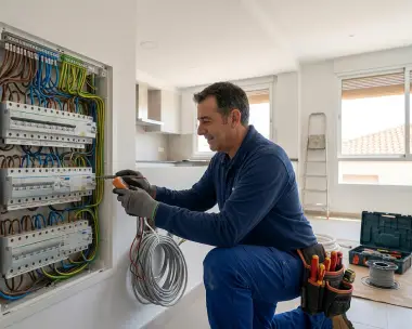 Electricista realizando una instalación eléctrica en una vivienda