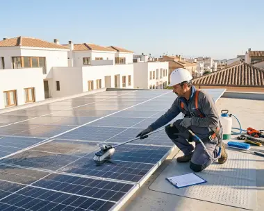 Técnico limpiando paneles solares en la cubierta de un edificio