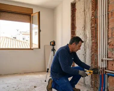 Fontanero realizando una instalación de tuberías durante una reforma
